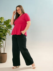Women Fuchsia Rib V Neck Peplum Top-SFTOP42386