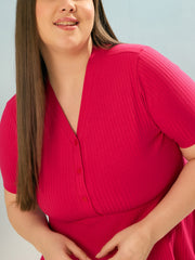Women Fuchsia Rib V Neck Peplum Top-SFTOP42386