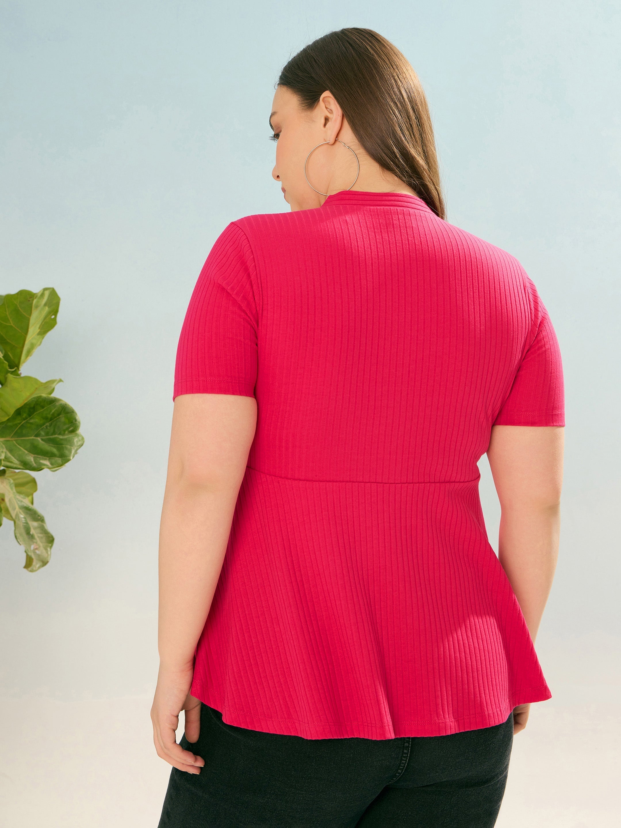 Women Fuchsia Rib V Neck Peplum Top-SFTOP42386