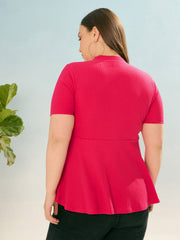 Women Fuchsia Rib V Neck Peplum Top-SFTOP42386