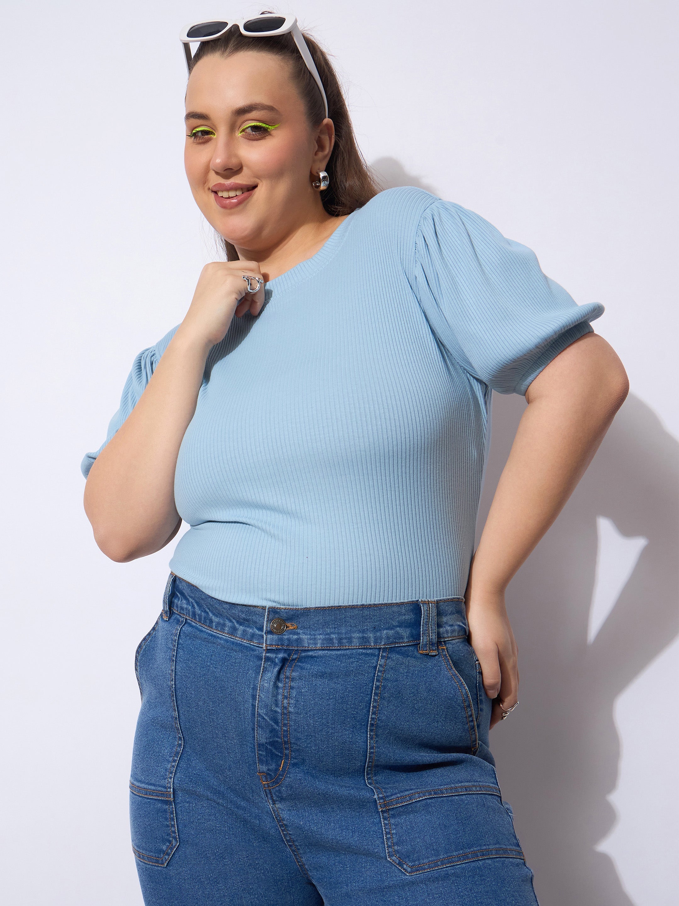 Women Blue Rib Round Neck Puff Sleeves Top-SFTOP42387