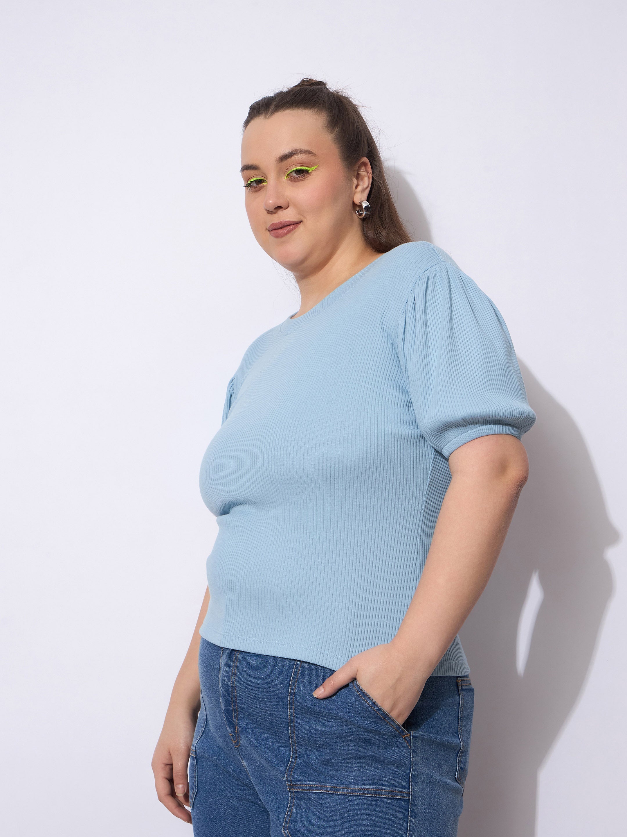 Women Blue Rib Round Neck Puff Sleeves Top-SFTOP42387