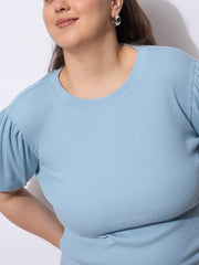 Women Blue Rib Round Neck Puff Sleeves Top-SFTOP42387