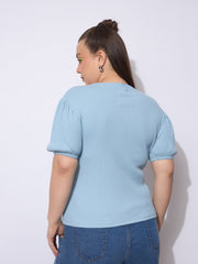 Women Blue Rib Round Neck Puff Sleeves Top-SFTOP42387