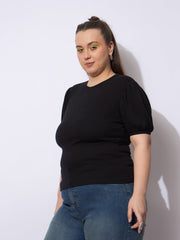 Women Black Rib Round Neck Puff Sleeves Top-SFTOP42388