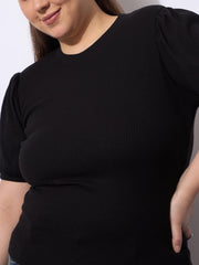Women Black Rib Round Neck Puff Sleeves Top-SFTOP42388