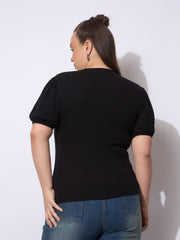 Women Black Rib Round Neck Puff Sleeves Top-SFTOP42388