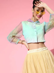 Women Rainbow Organza Shirt Style Crop Top