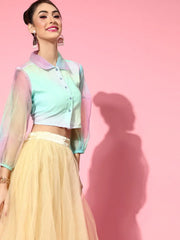 Women Rainbow Organza Shirt Style Crop Top