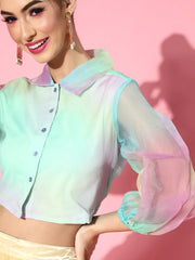 Women Rainbow Organza Shirt Style Crop Top
