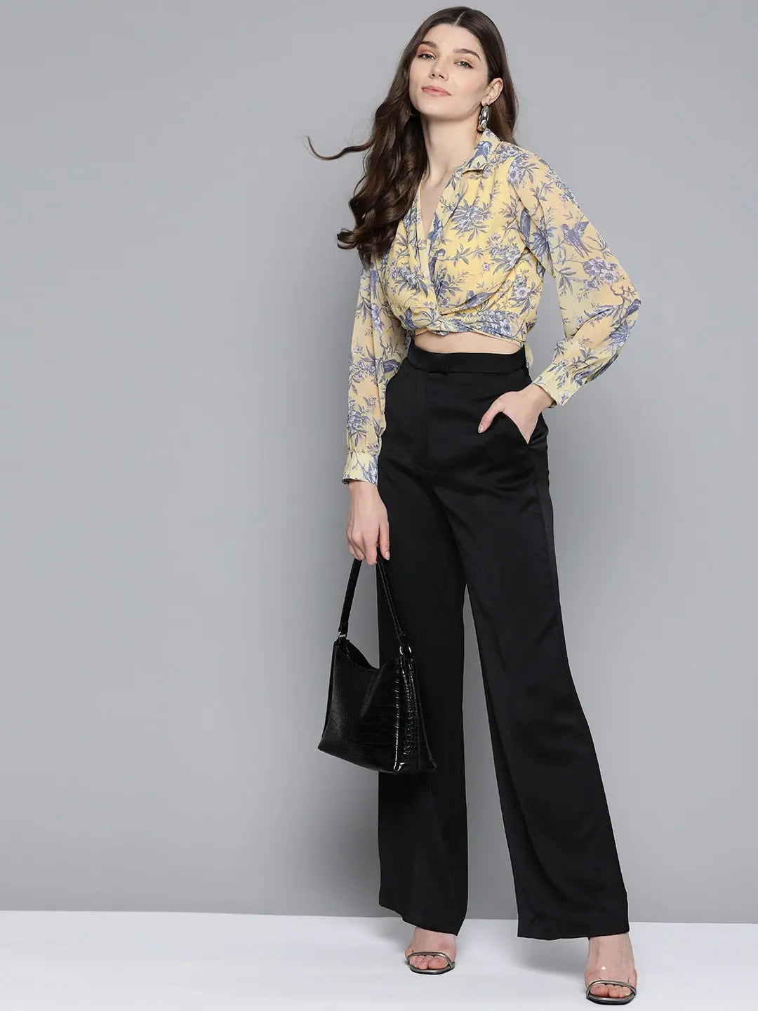 Yellow Floral Crop Shirt Top - Designer Lehenga for Women