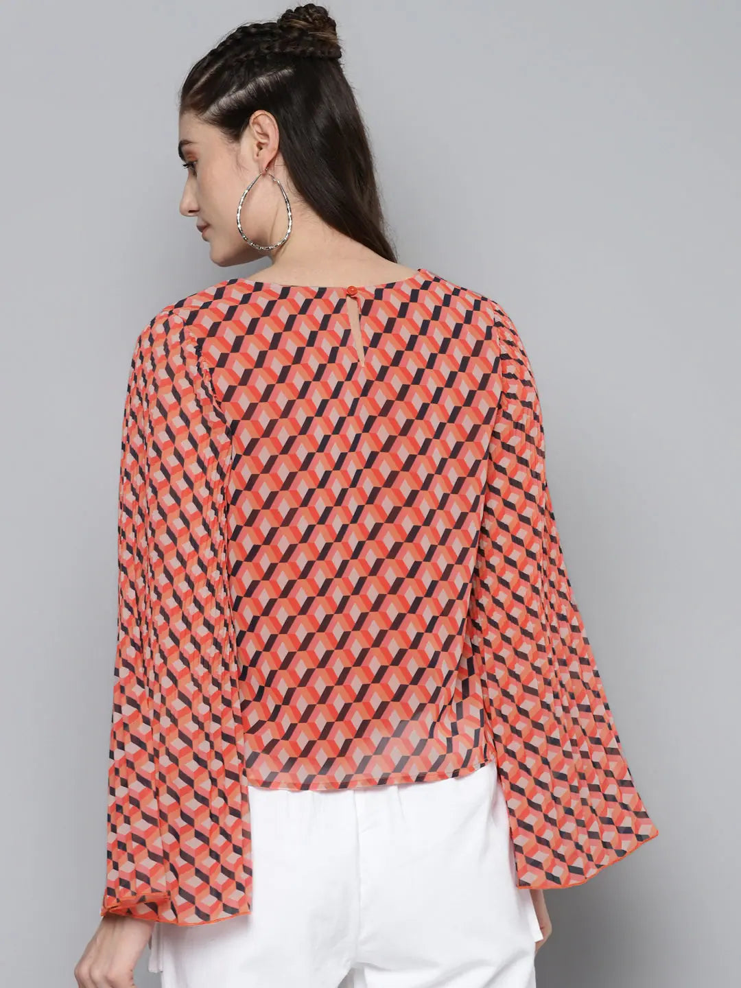 Orange Geo Print Pleated Top | Designer Lehenga for Women