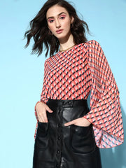 Women Orange Geo Print Pleated Top