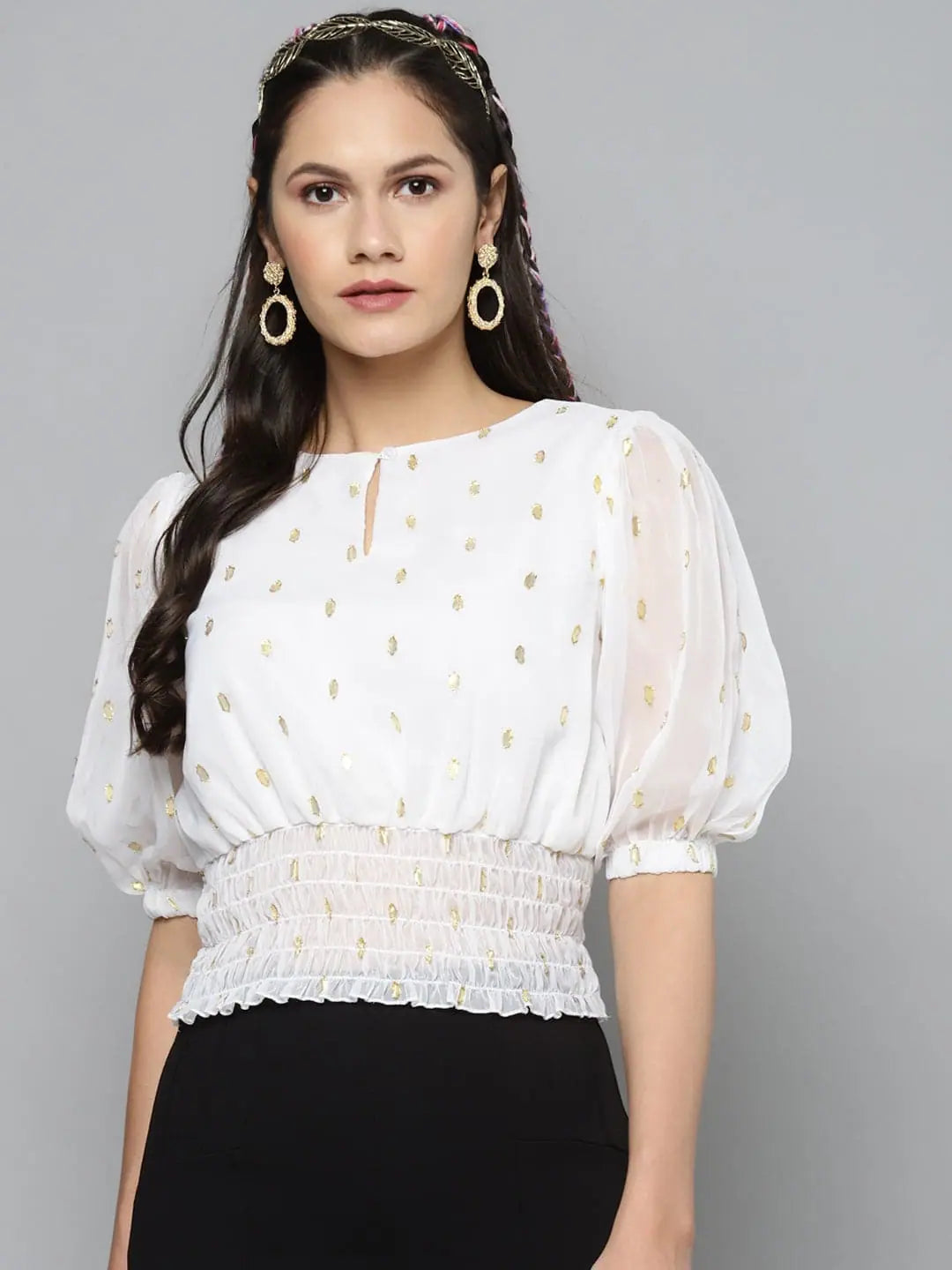 White Lurex Smocked Waist Top | Ethnic Lehenga Top