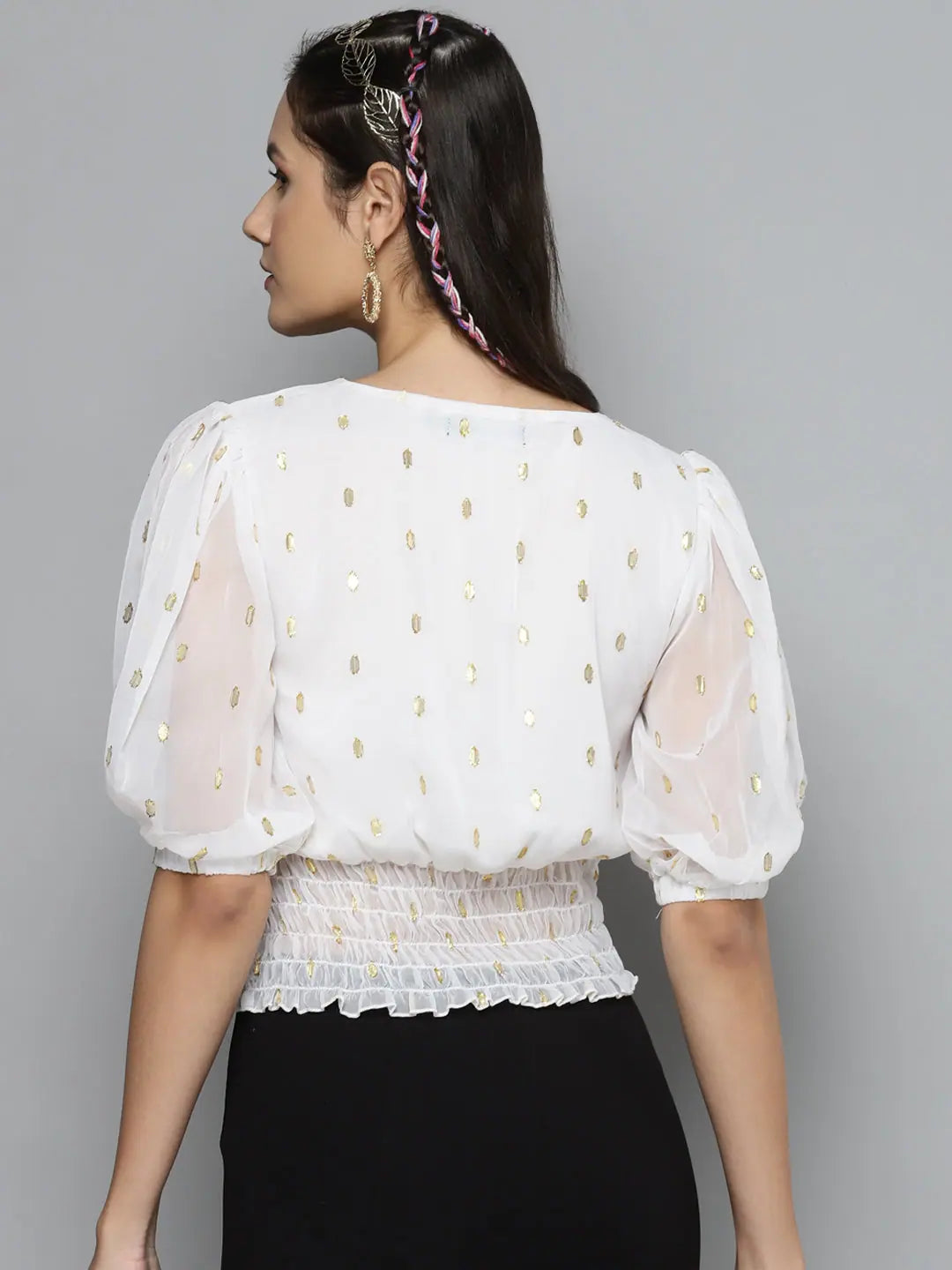 White Lurex Smocked Waist Top | Ethnic Lehenga Top
