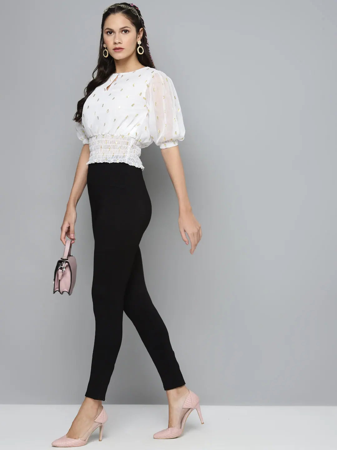 White Lurex Smocked Waist Top | Ethnic Lehenga Top