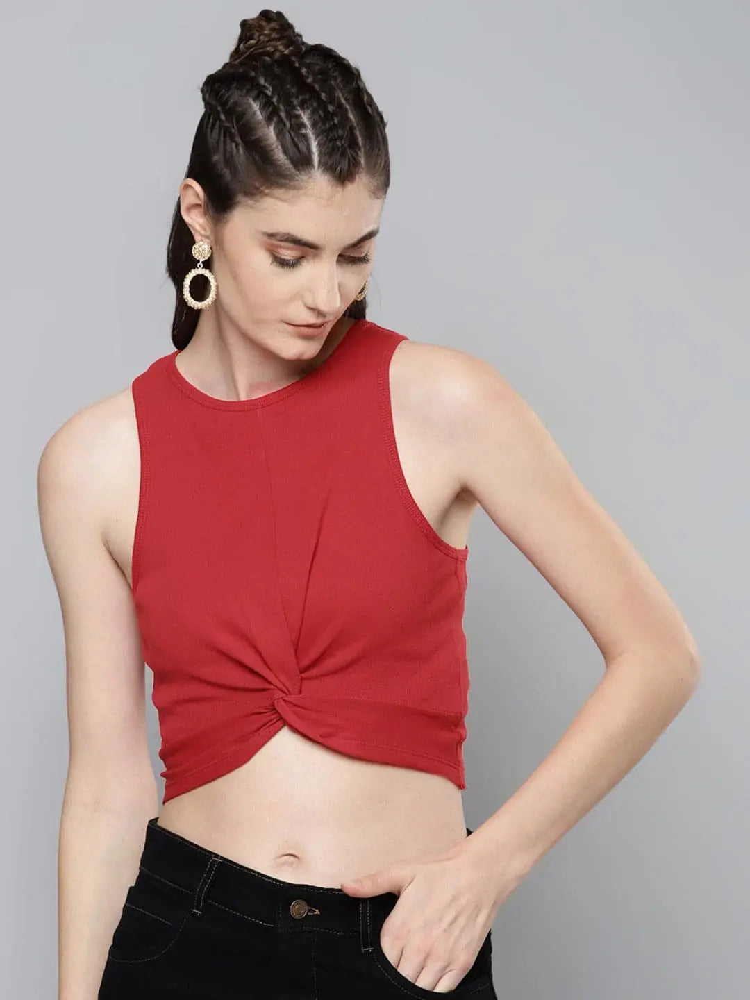 Red Front Knot Crop Top - Cotton Rib Fabric, Stylish & Trendy