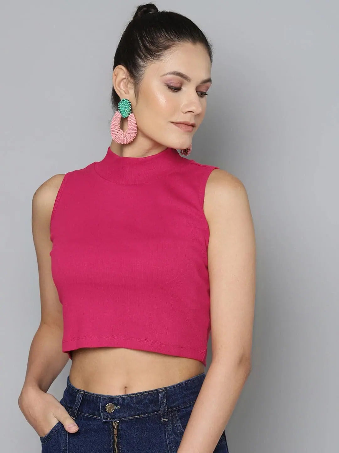 Fuchsia High Neck Crop Top - Stylish Cotton Rib, Comfort Fit