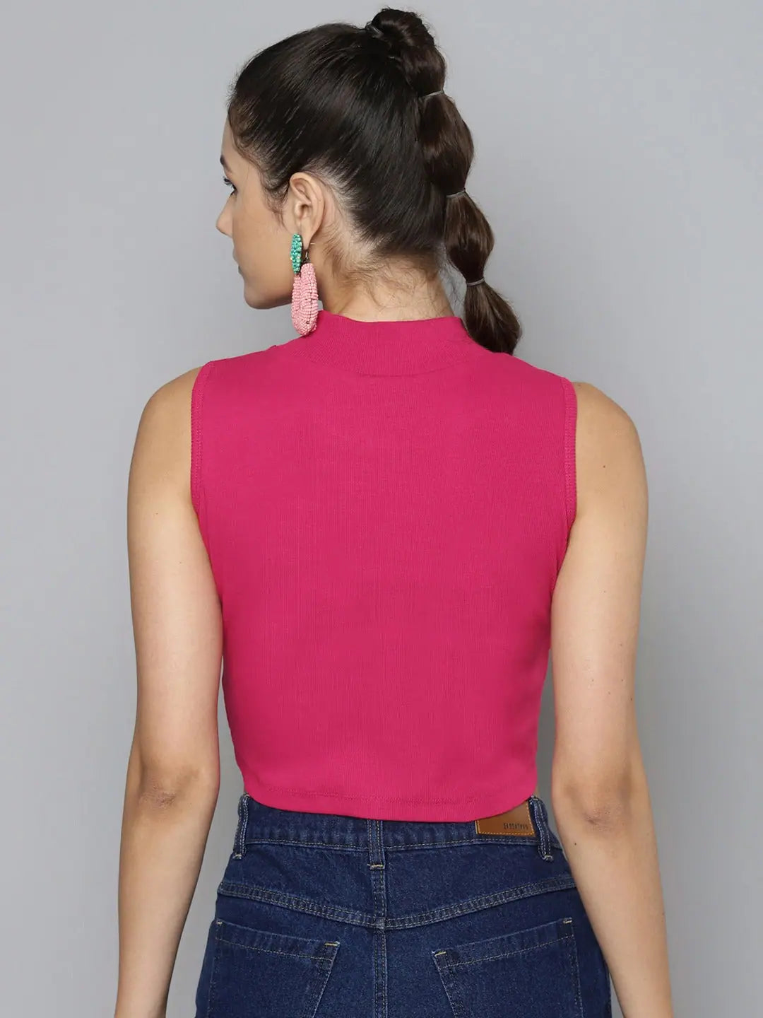 Fuchsia High Neck Crop Top - Stylish Cotton Rib, Comfort Fit