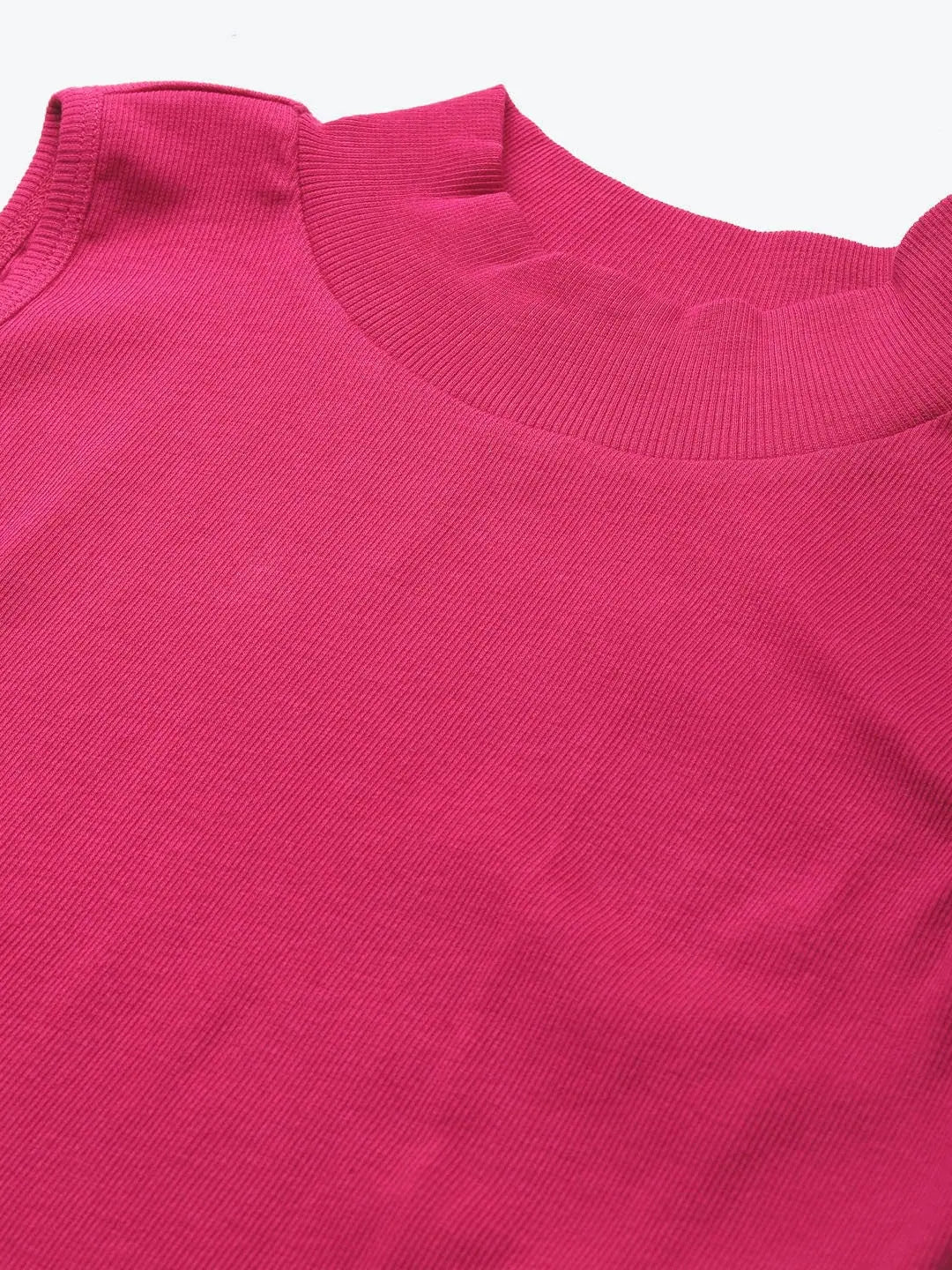 Fuchsia High Neck Crop Top - Stylish Cotton Rib, Comfort Fit