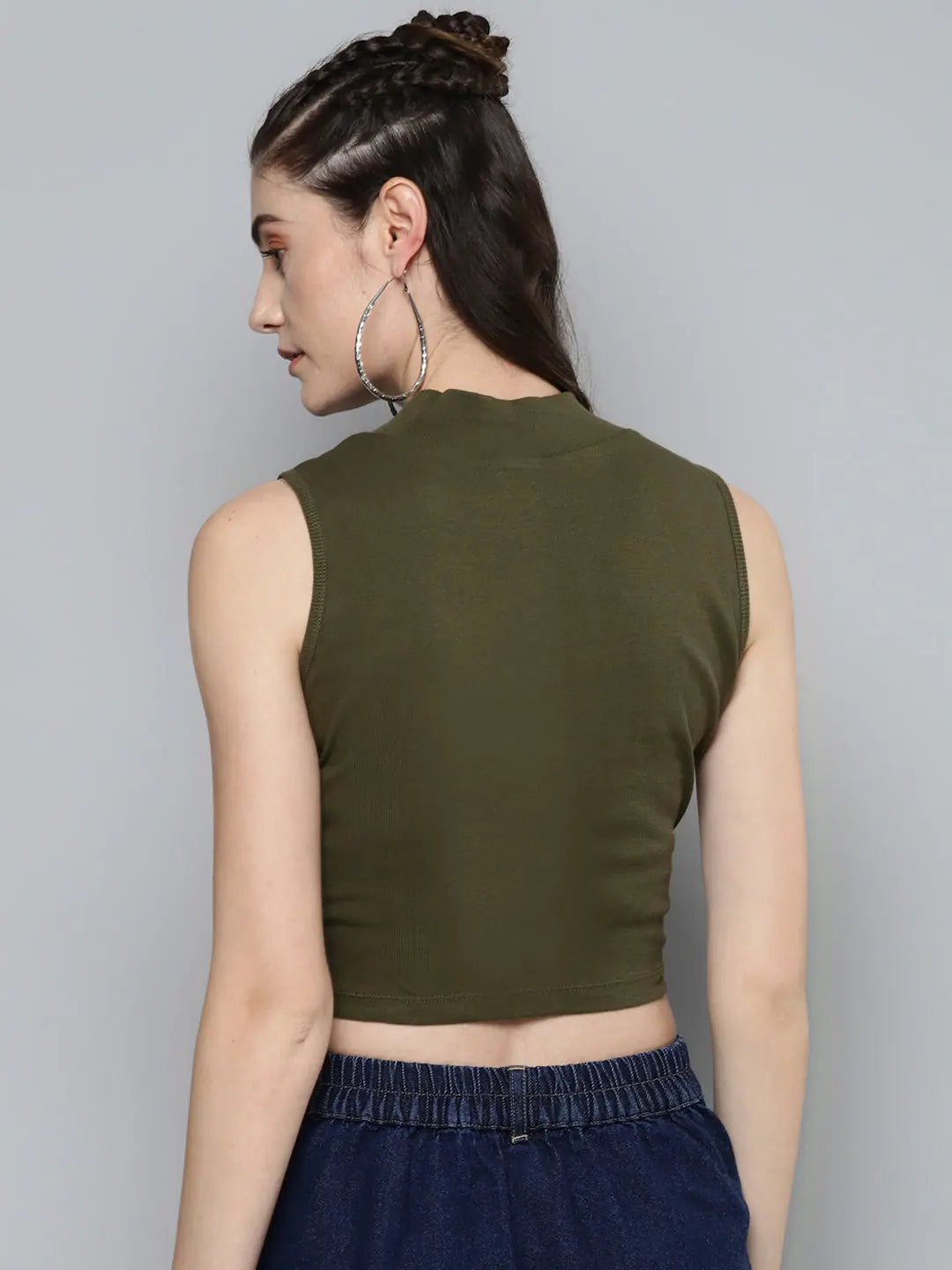 Olive High Neck Crop Top - Cotton Rib, Comfort Fit & Stylish