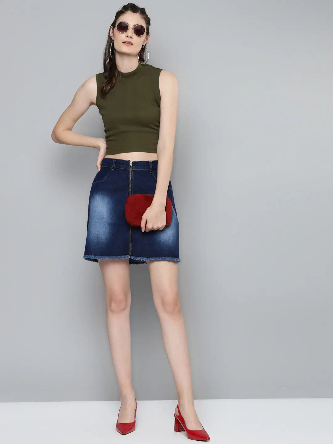 Olive High Neck Crop Top - Cotton Rib, Comfort Fit & Stylish