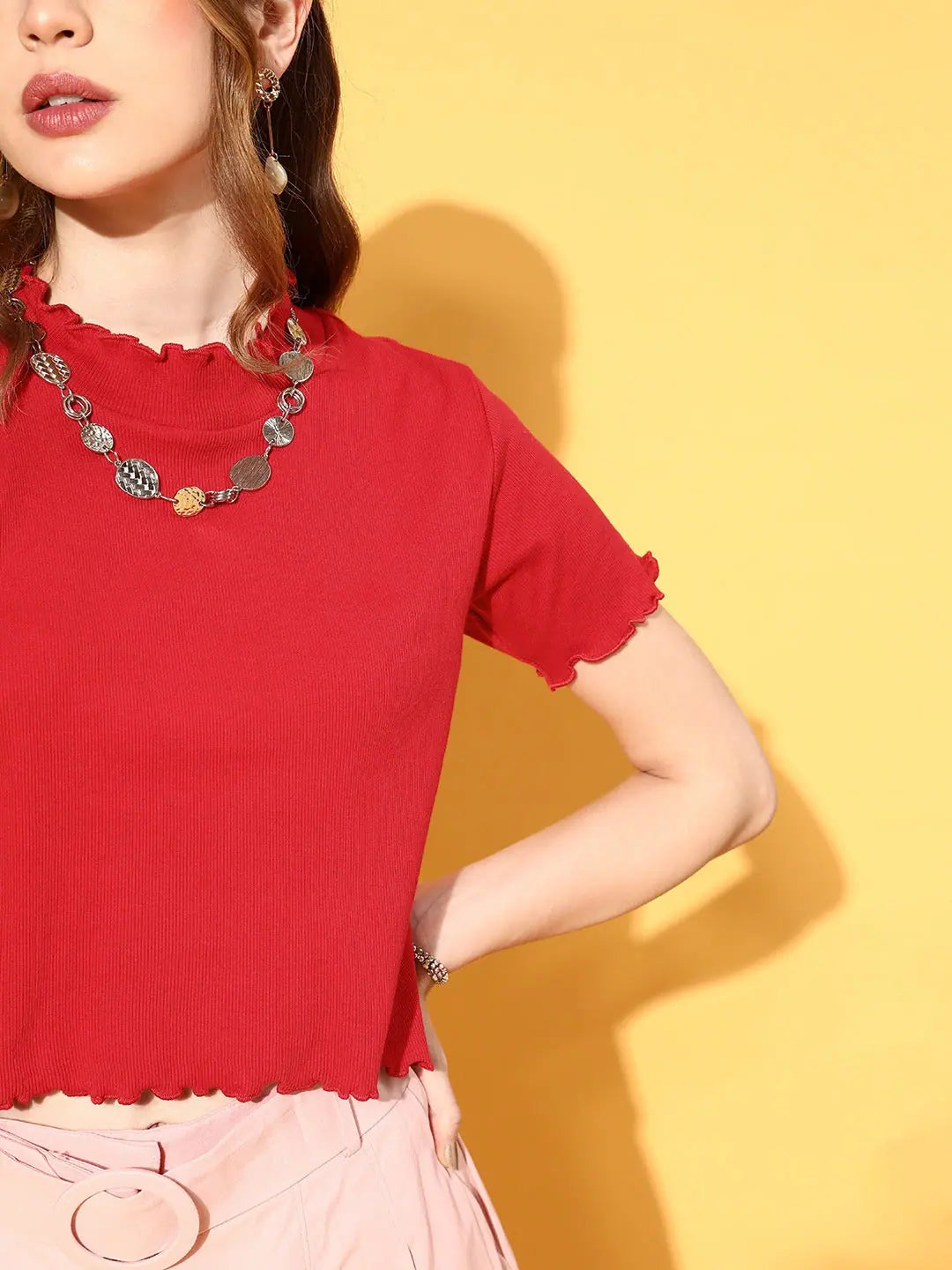 Red High Neck Crop Top - Women's Comfort Fit Cotton Top