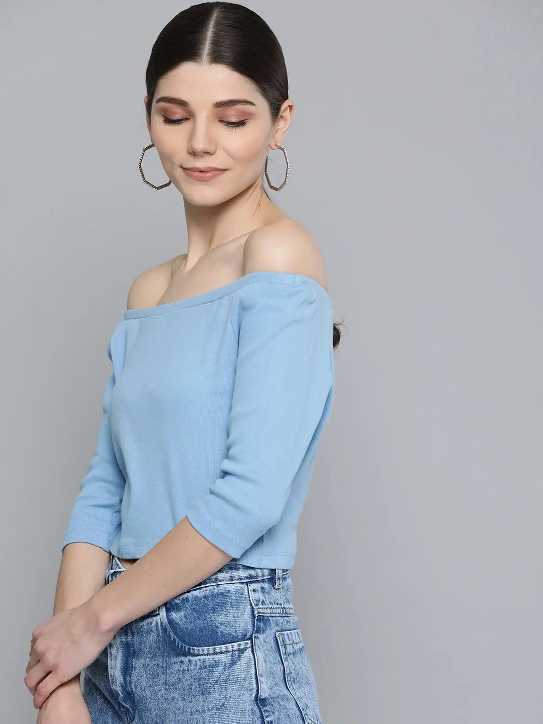 Blue Bardot Crop Top - Cotton, Off-Shoulder Style
