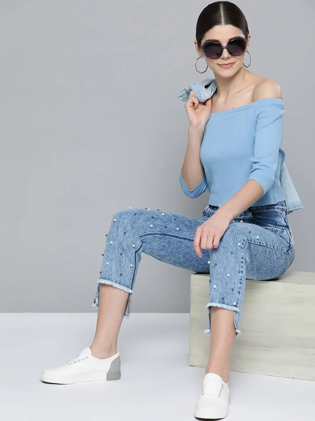 Blue Bardot Crop Top - Cotton, Off-Shoulder Style