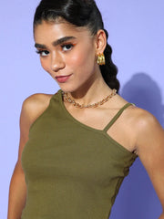 Women Olive One Shoulder Strappy Top
