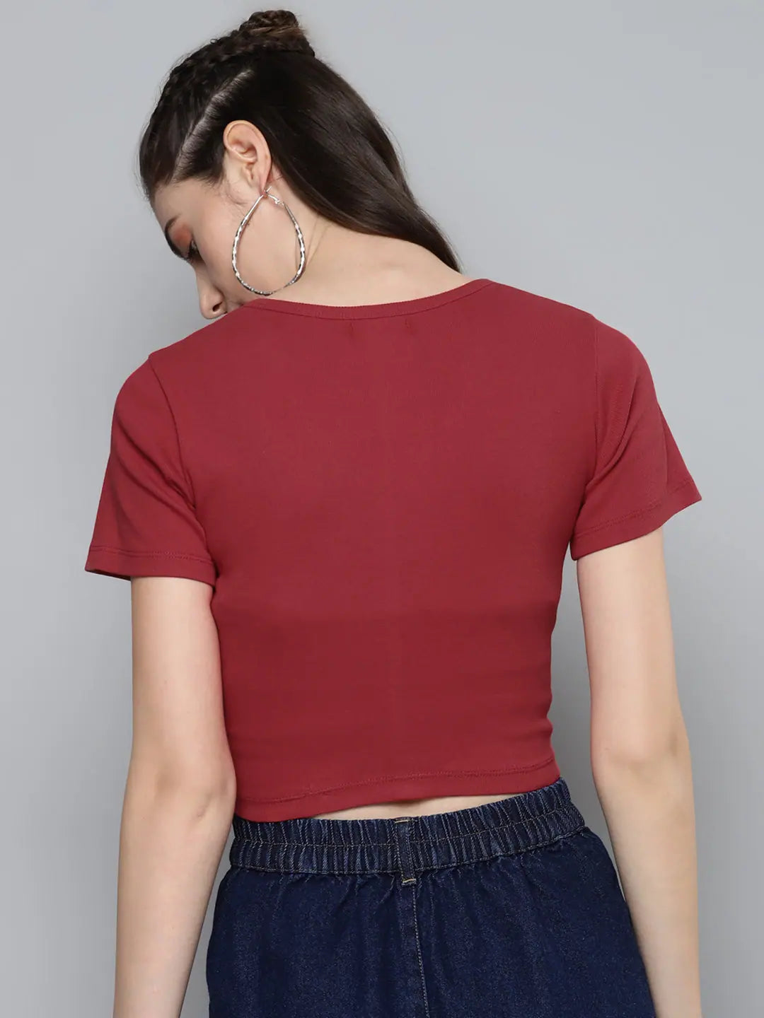 Red Button Crop Top - Cotton Rib, Comfort Fit, DTM Detail