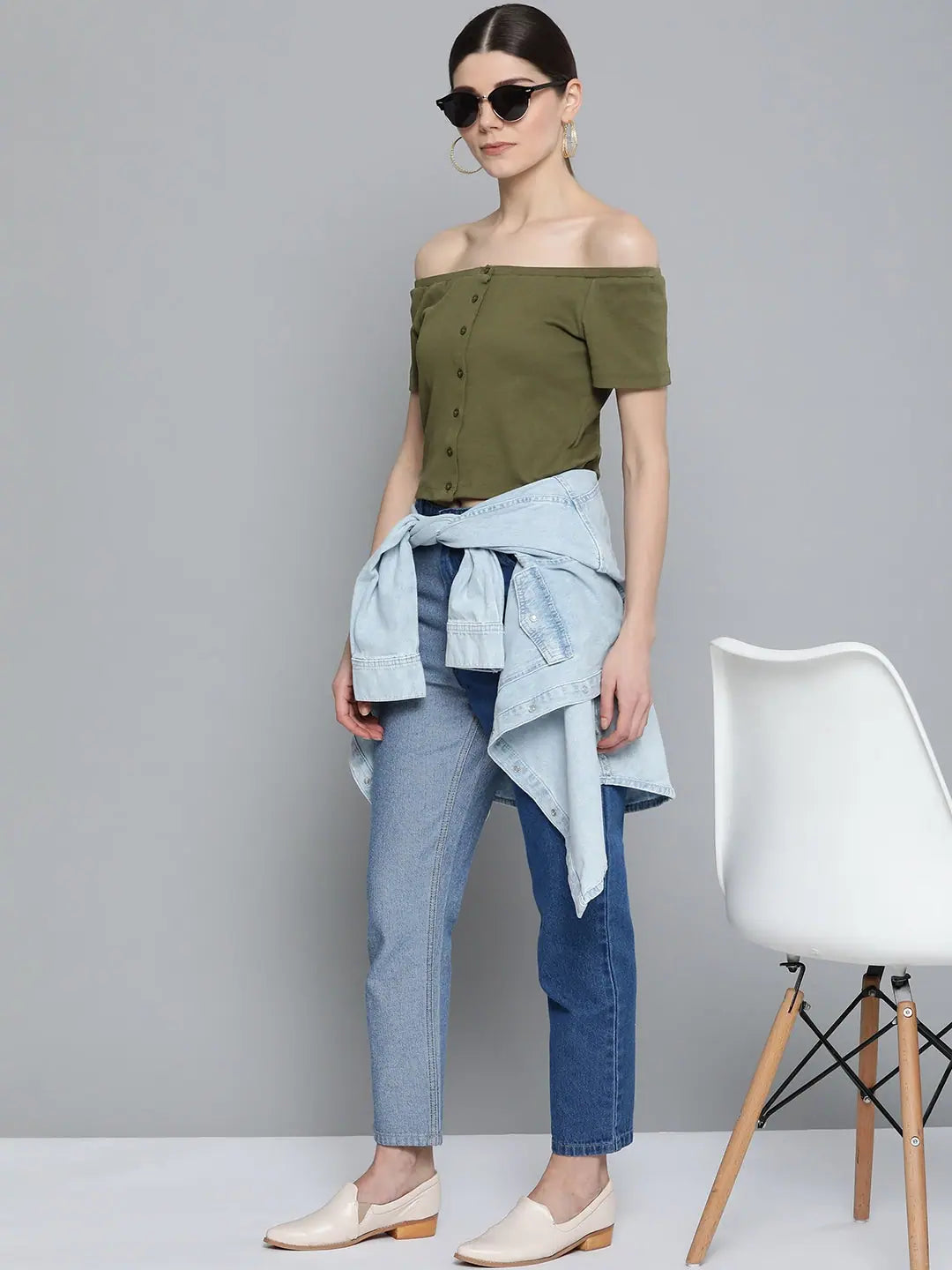 Olive Button Bardot Crop Top -  Designer Lehenga Inspired