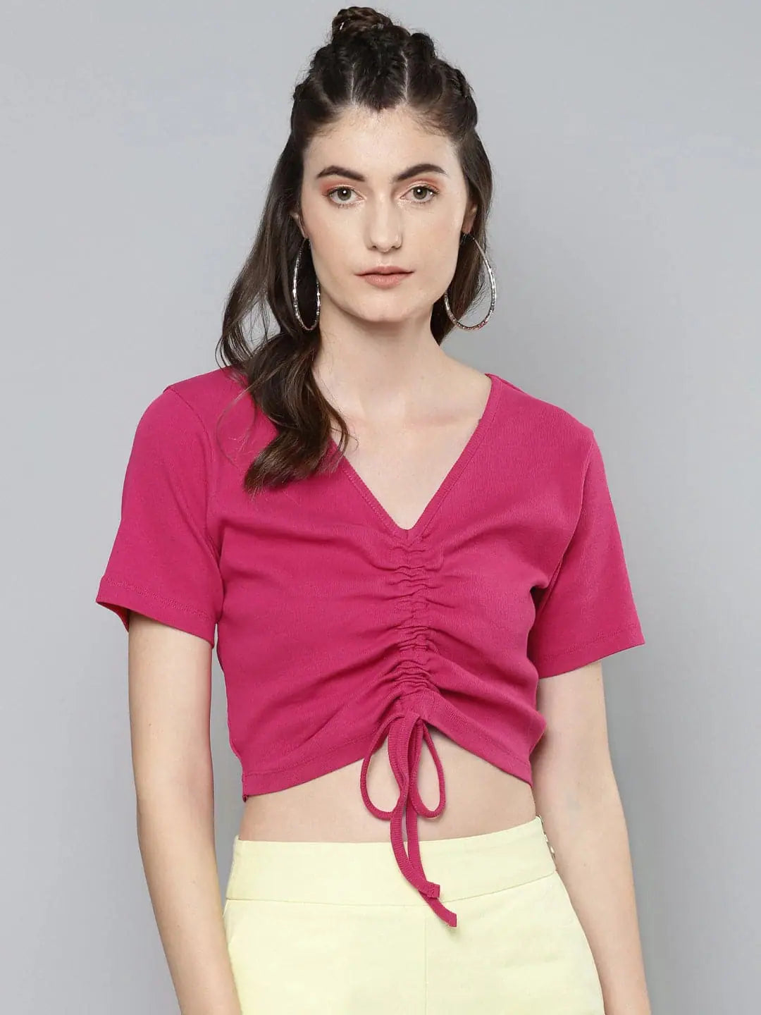 Fuchsia Crop Top - Cotton Rib Rouched Detail | Women's Top
