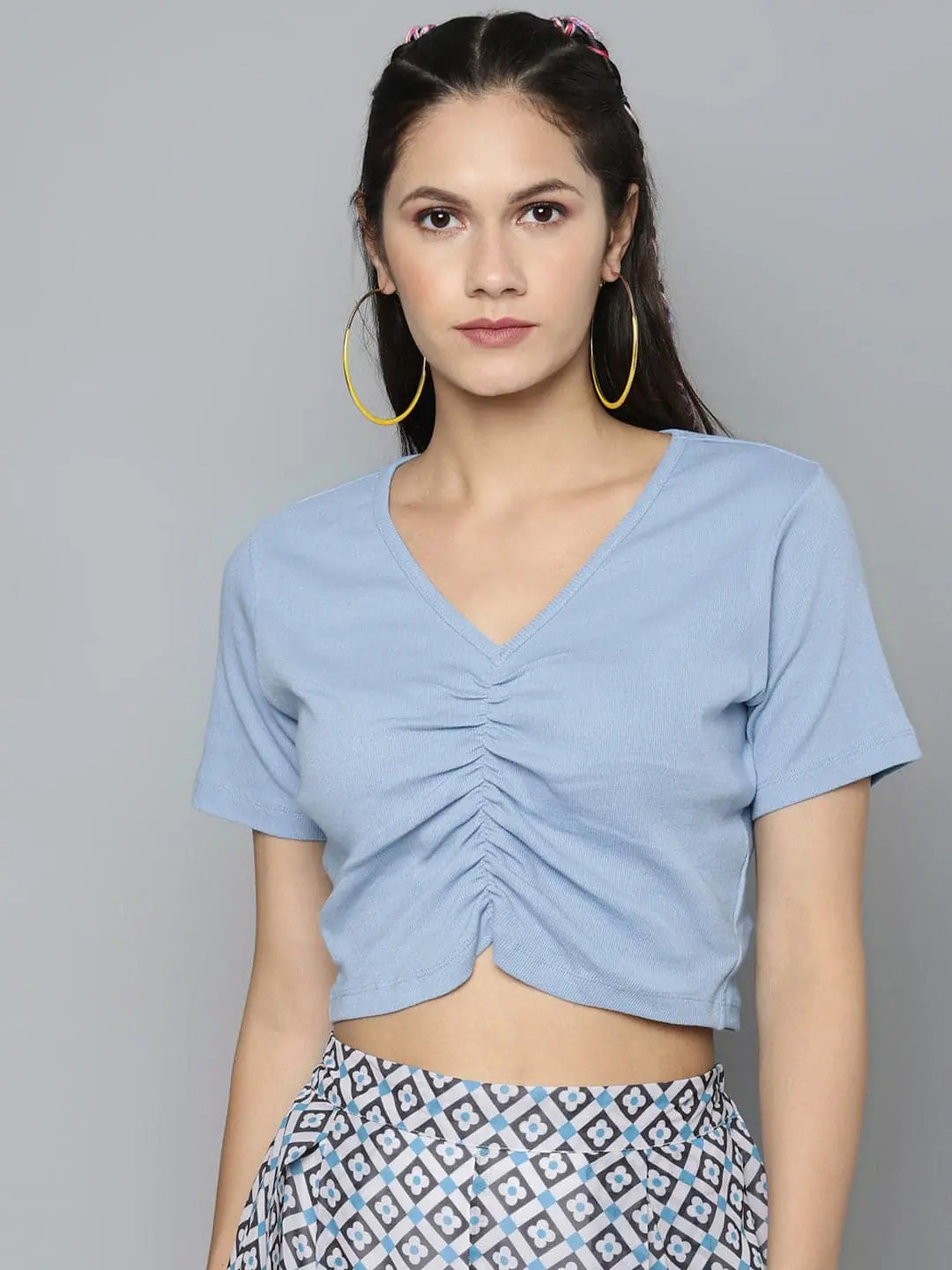 Blue Gather Detail Crop Top - Casual Comfort Style