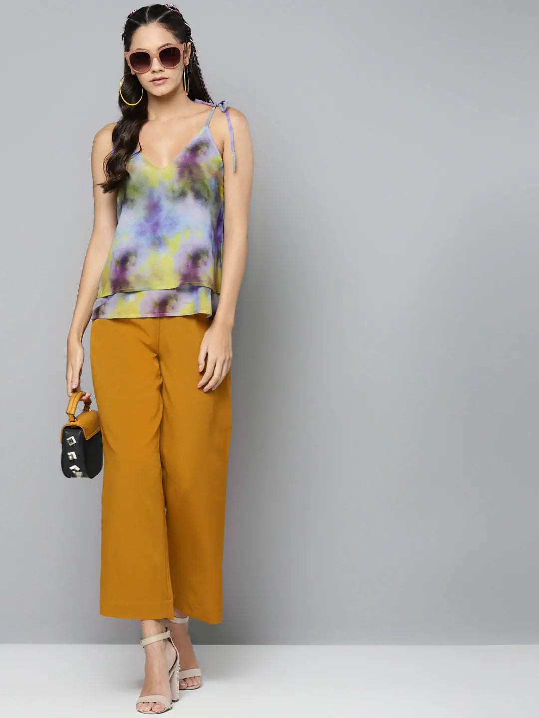 Tie-Dye Strappy Top - Yellow & Purple Georgette | Women's Top