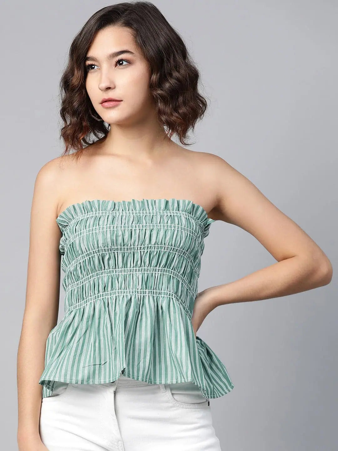 Green Stripes Tube Peplum Top - Women's Western Wear Outfits