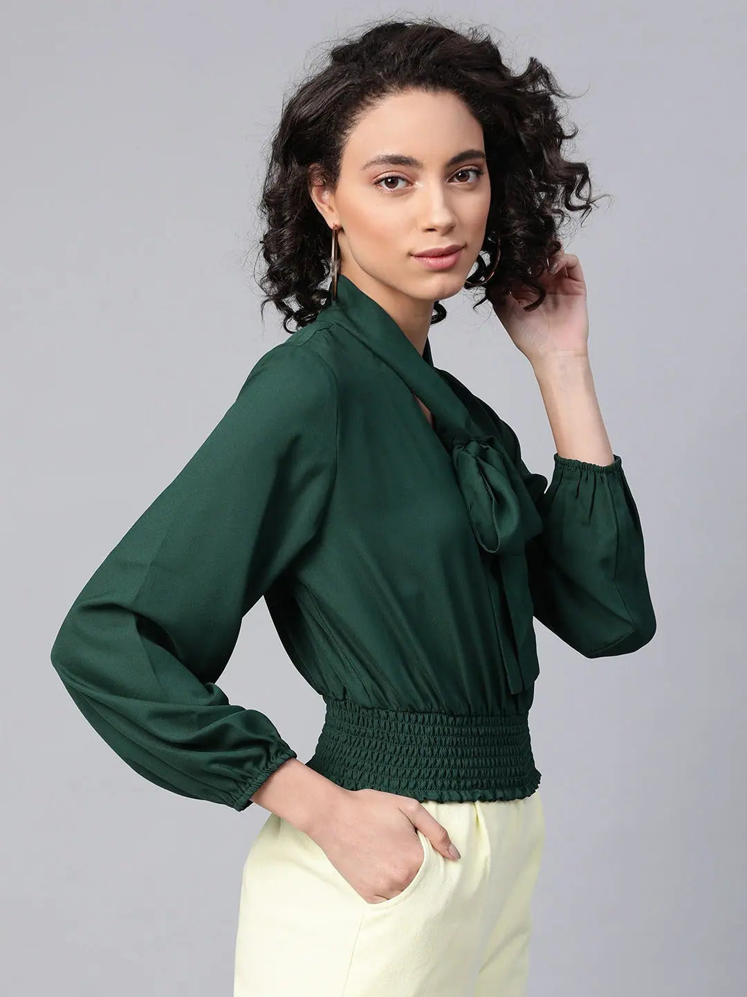 Emerald Green Smocking Top - Tie Up Detail Crop Top