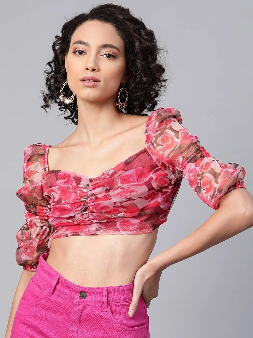 Red Floral Puff Sleeve Crop Top - Printed Polyester