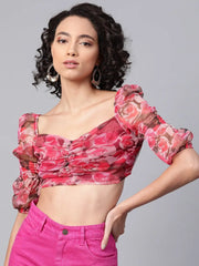 Red Floral Puff Sleeve Crop Top
