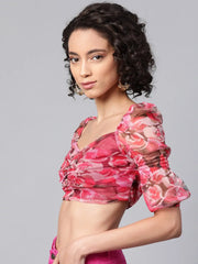 Red Floral Puff Sleeve Crop Top