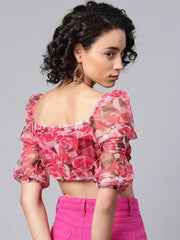 Red Floral Puff Sleeve Crop Top