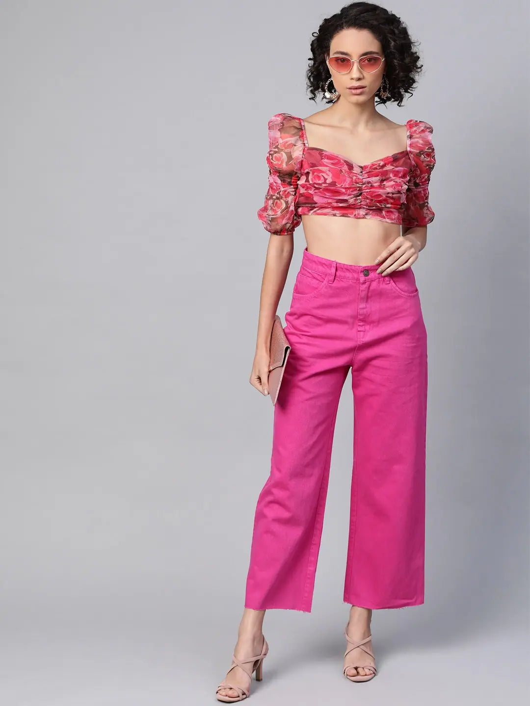 Red Floral Puff Sleeve Crop Top - Printed Polyester