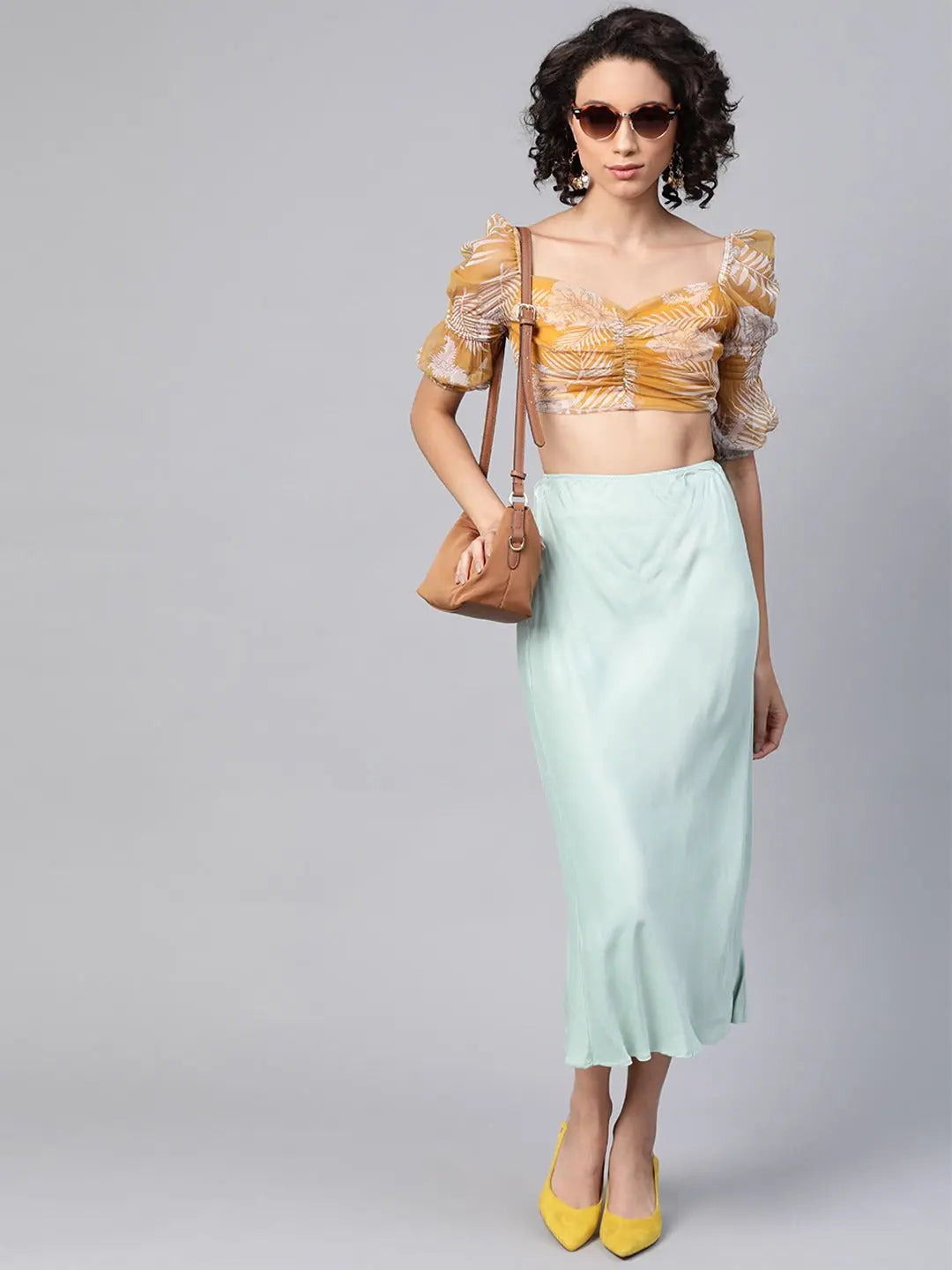 Yellow Floral Puff Sleeve Top - Mesh Net Fabric