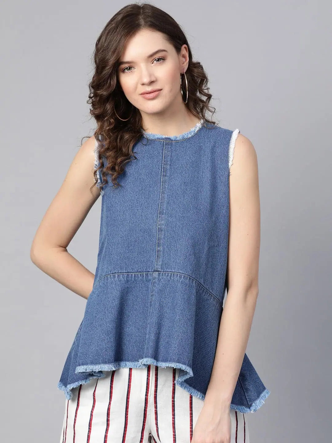 Blue Sleeveless Peplum Top - Frayed Denim Fabric
