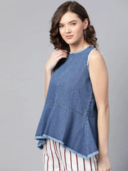 Blue Frayed Sleeveless Peplum Top