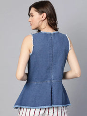 Blue Frayed Sleeveless Peplum Top