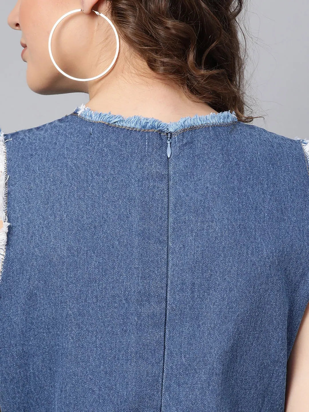 Blue Sleeveless Peplum Top - Frayed Denim Fabric