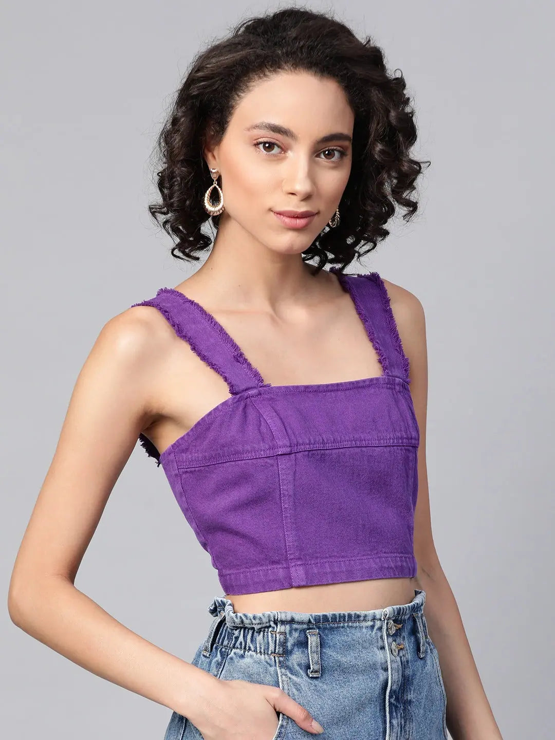 Purple Frayed Crop Top - Designer Lehenga Bustier Style