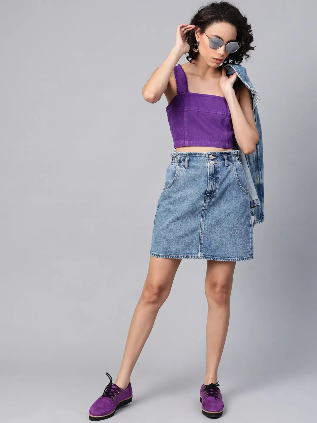 Purple Frayed Crop Top - Designer Lehenga Bustier Style