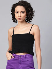 Black Denim Smocked Strappy Crop Top